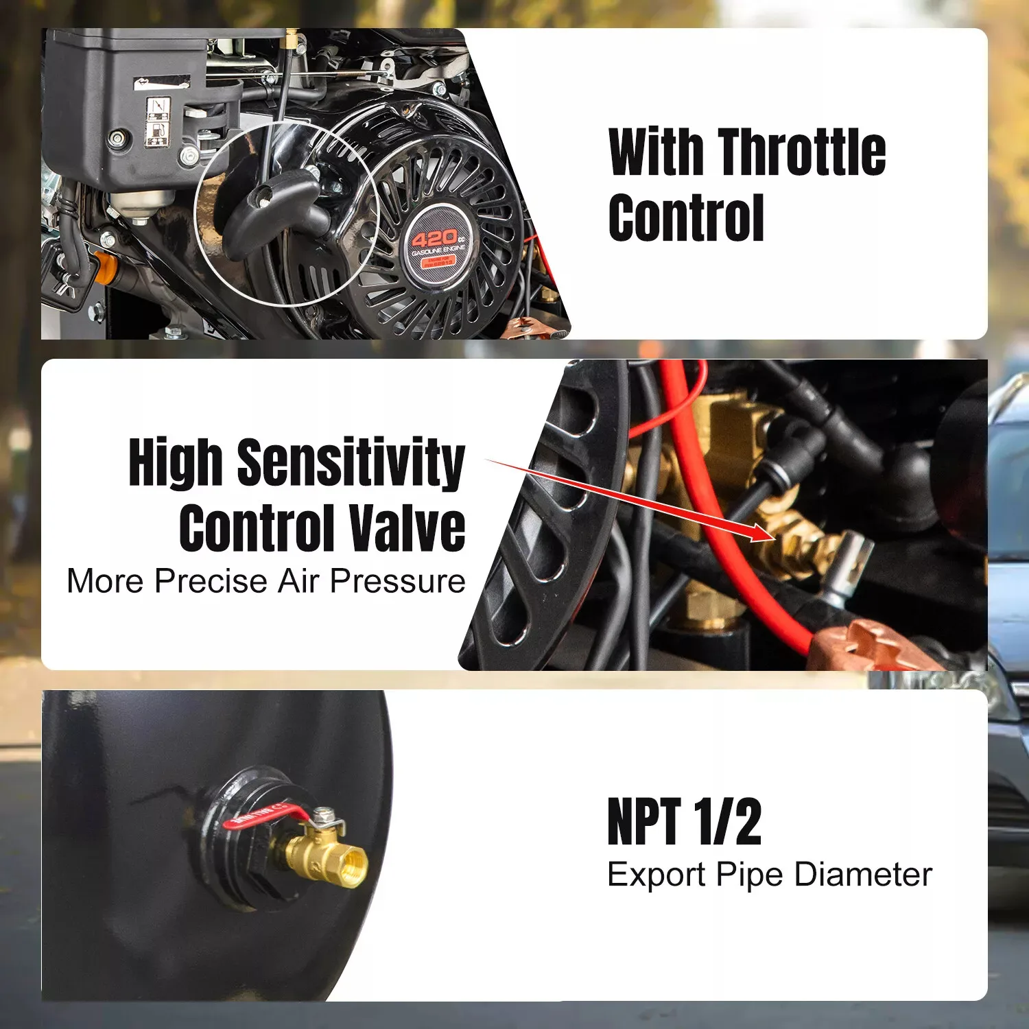 Gasoline Driven Air Compressor 13HP 43.5 CFM 115 PSI with 30-Gallon Horizontal ASME Tank Electric Start Piston Pump