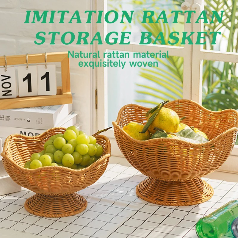 

Handwoven PP Imitation Rattan Pedestal Fruit Bowl Storage Basket For Kitchen Countertop Snacks Decor