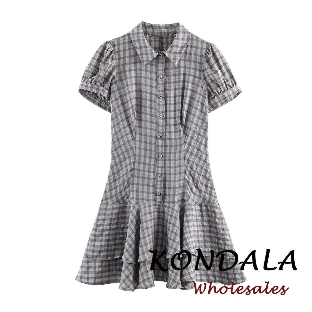 KONDALA Schickes Kariertes Sweetheart-Minikleid für Damen Mode 2026 Plissiertes Einreihiges Kleid Kurzarm Mehrlagiges Modernes Vestidos