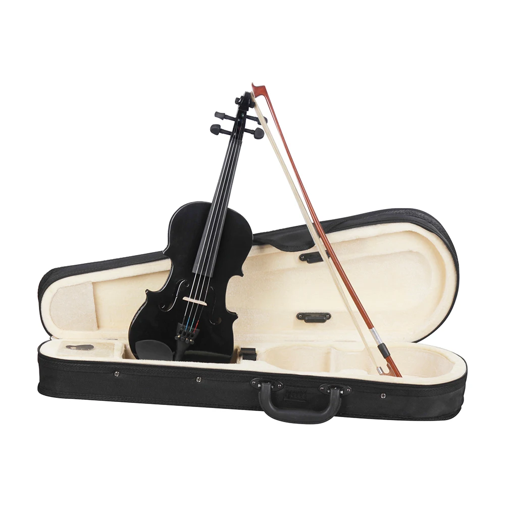 Regalo para Navidad 4/4 Kits de violín acústico negro de tilo de tamaño completo con estuche, arco y colofonia para violín principiante