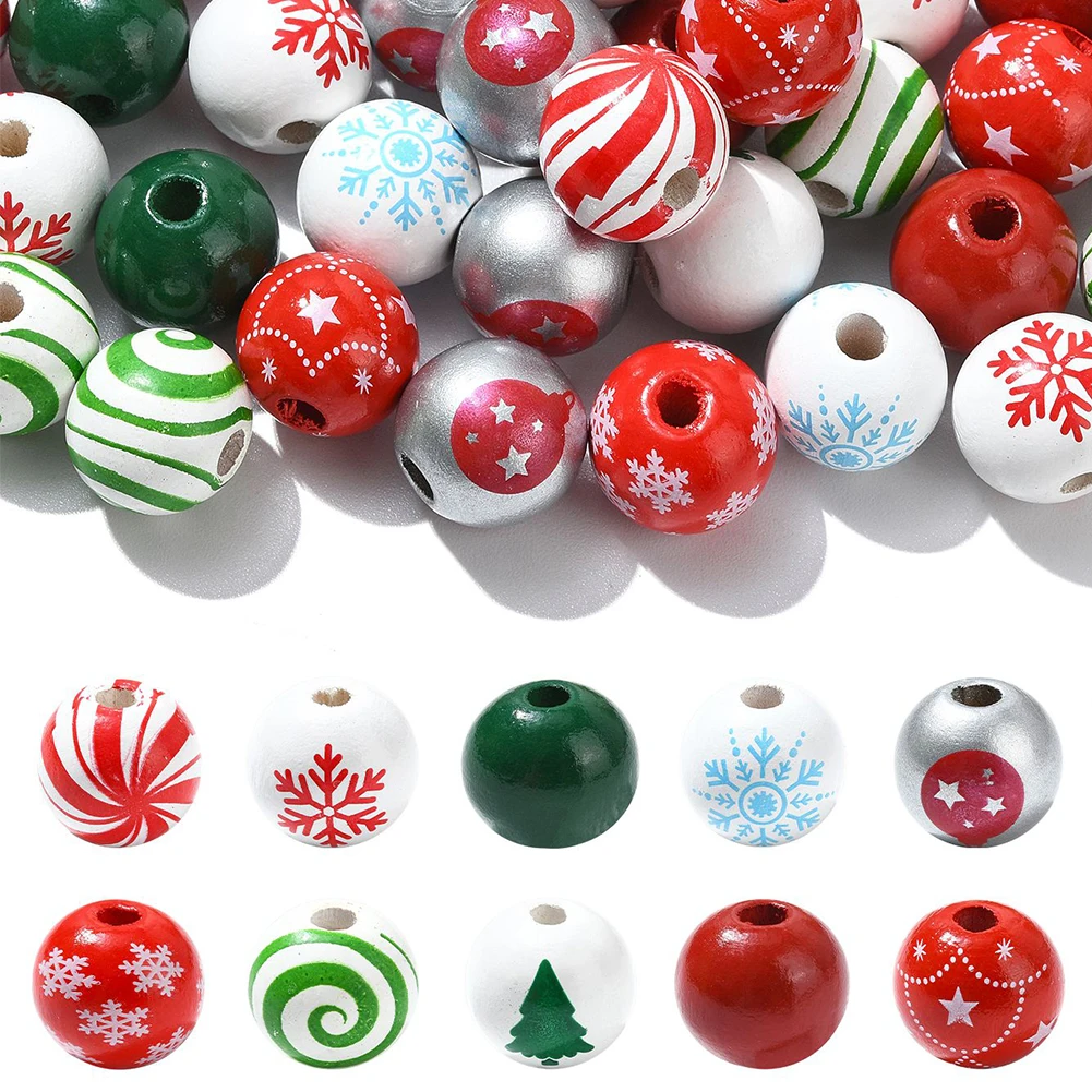 

40Pcs 10 Styles Christmas Snowflake Printed Wood European Beads Large Hole Beads Christmas Gift DIY Jewelry Accessories