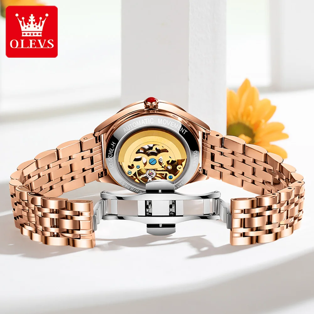 OLEVS 6636 오리지널 기계식 시계, 자동 무브먼트 러브 다이얼 시계, 여성용 방수 야광 시계