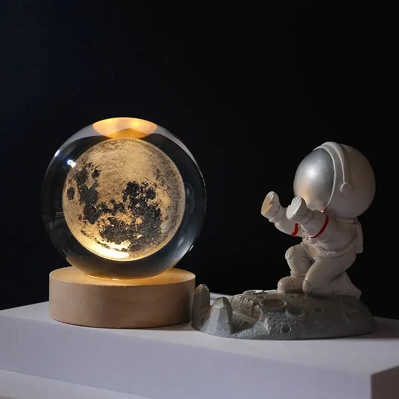 Modern Crystal Ball Night Light Birthday Gift Wood Base Galaxy Sun System Decoration Moon Ball Transparent White Crystal