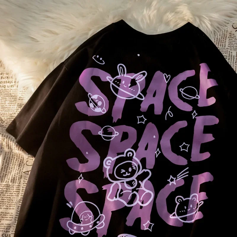 Oversized T Shirts Space Bear Graffiti Print T-shirt Women Harajuku Short Sleeve Retro Tee Shirts Female Summer Clothes Tops