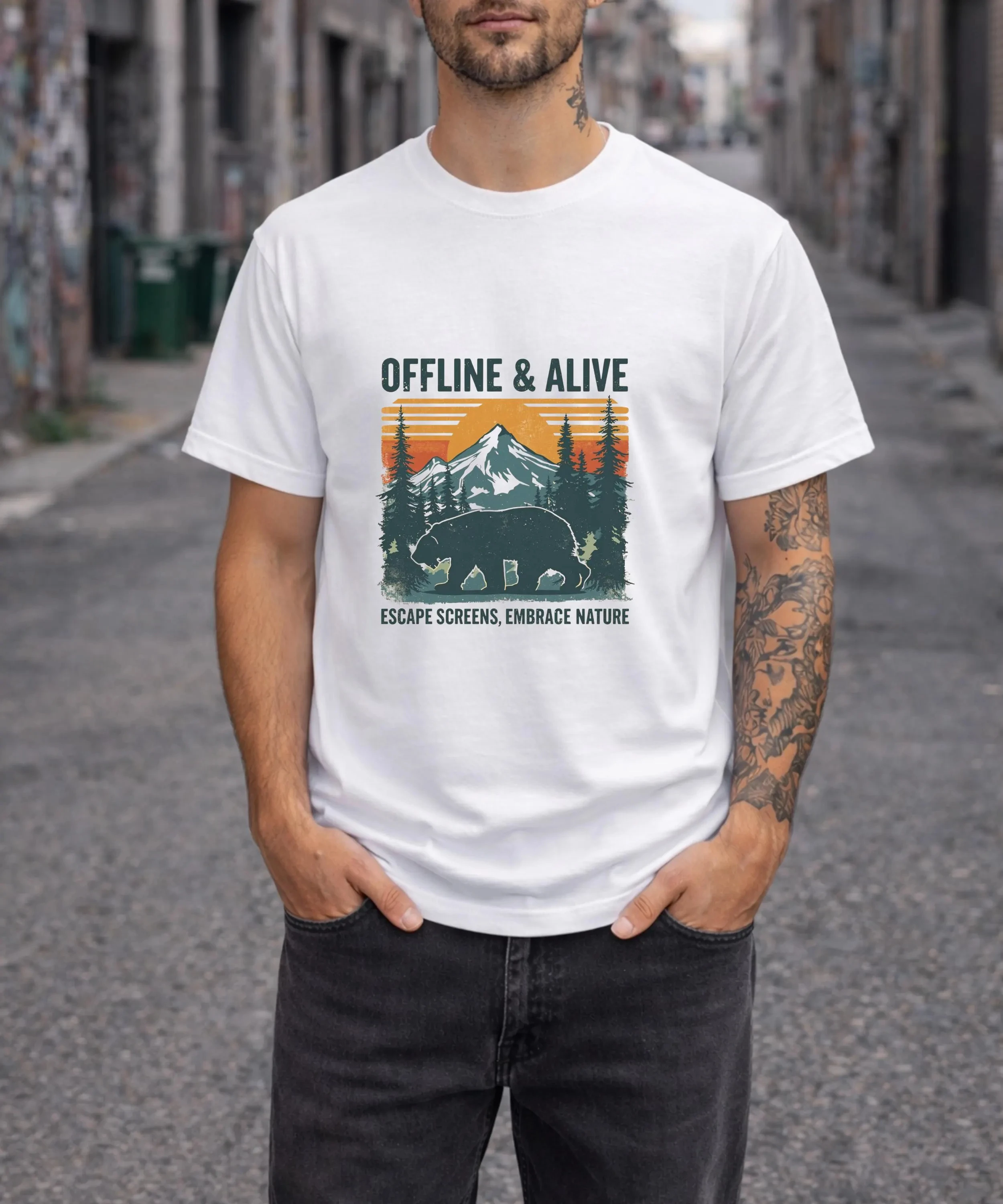 T-shirt Offline and Alive, T-shirt Escape Screens, T-shirt à motif naturel, T-shirt Bear Mountain, T-shirt rétro vintage pour l'extérieur avec motif coucher de soleil