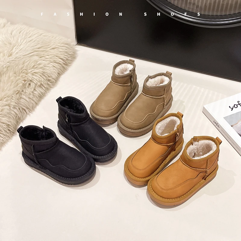 여아용 두꺼운 털 안감 스노우 부츠, 아동용 숏부츠, 다용도 패션 2025 겨울 아동 가죽 부츠, 부드러운 밑창, 달콤한 스웨이드