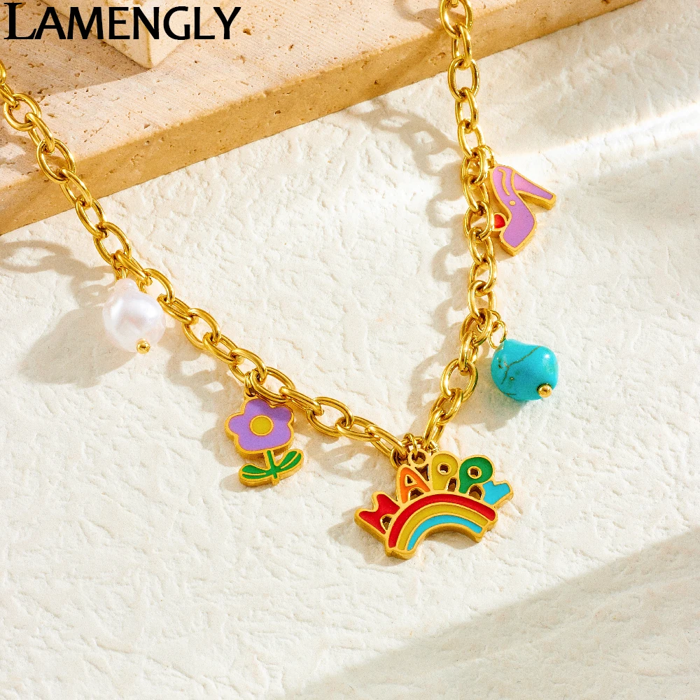 LAMENGLY 316L Stainless Steel Cartoon Fun Rainbow Letter HAPPY Pendant Necklace For Women Flower High Heels Clavicle Chain Gift