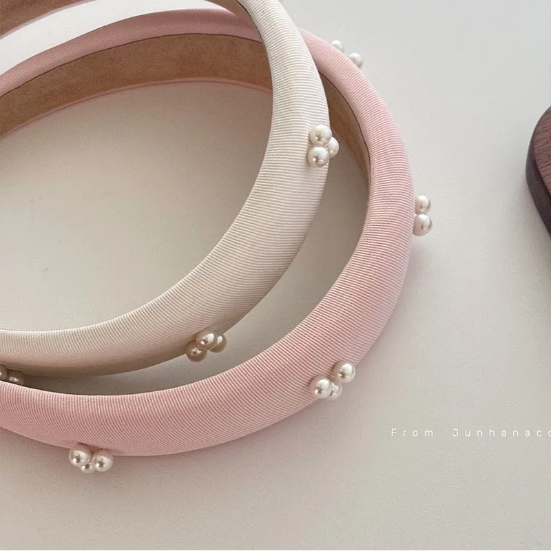 Fresh Twill Fabric pink nail pearl hair hoop Simple Solid Color Sponge Headband Hairpin Hair accessories