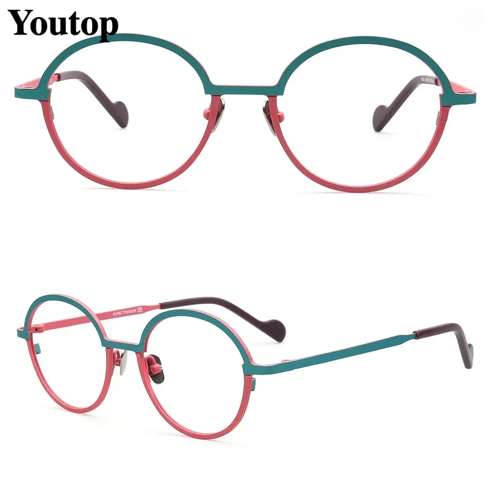 Two Tone Vintage Round Titanium Eyeglasses Women Pink Optical Glasses Frame Men Prescription Green Spectacles Myopia Eyewear Red