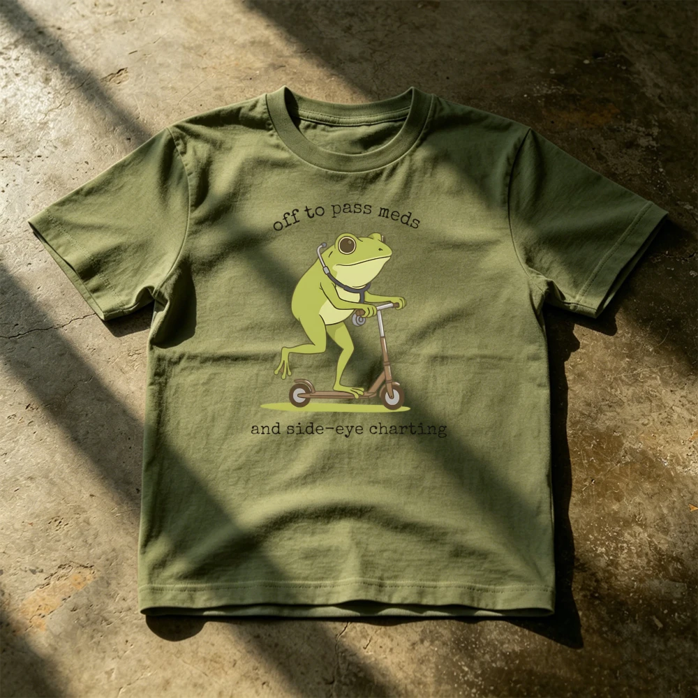 Funny Nurse Frog Scooter Graphic Tee Short Sleeve Casual Off To Pass Meds Nursing Staff Appreciation Men Graphic Tee