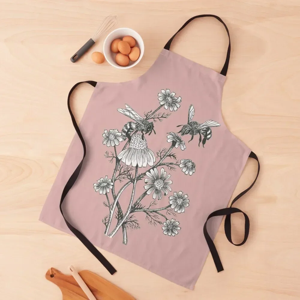 

bees and chamomile on dusty pink background Apron For Women Kitchen Dress Apron