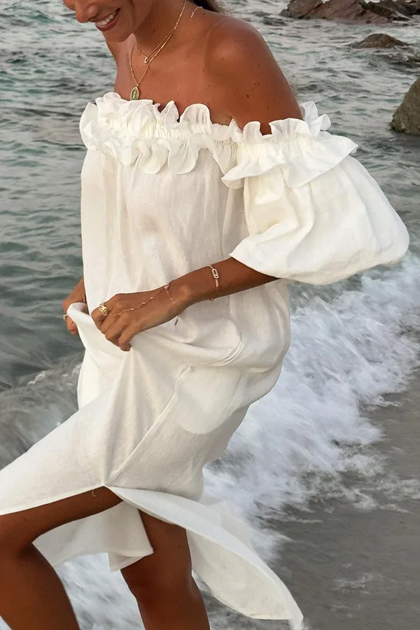 

Sexy Slash Neck White Womens Dresses Elegant Fashion Beach Party Holiday Casual Dresses Female Ruffles Lantern Sleeve Vestidos