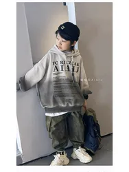 Boys' Hoodie for Spring and Autumn 2025 New Style, Boys' Long Sleeved Base Hoodie, Winter Fleece Top, Letter Hooded Cool Jacket