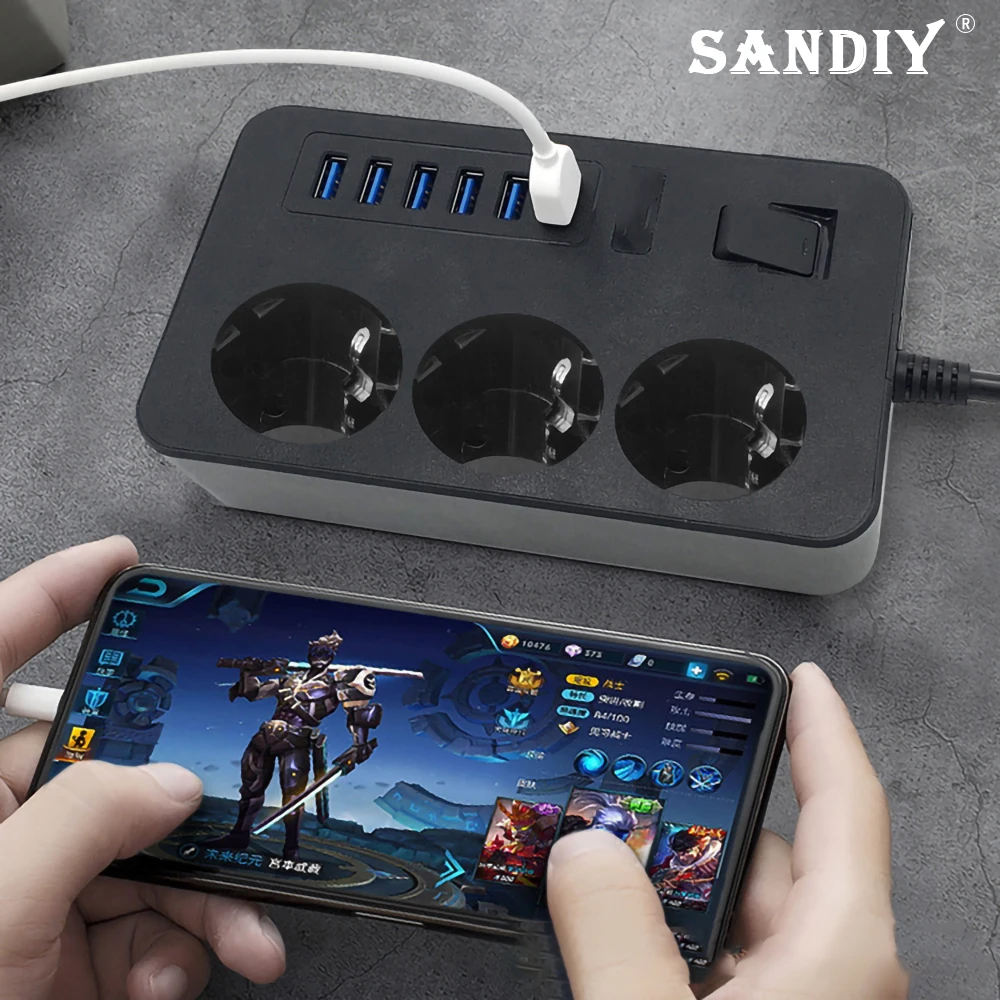 SANDIY EU Plug Power Strip with Extension Cable AC Electrical Sockets 5 USB Ports Fast Charing Network Filter for Home Office