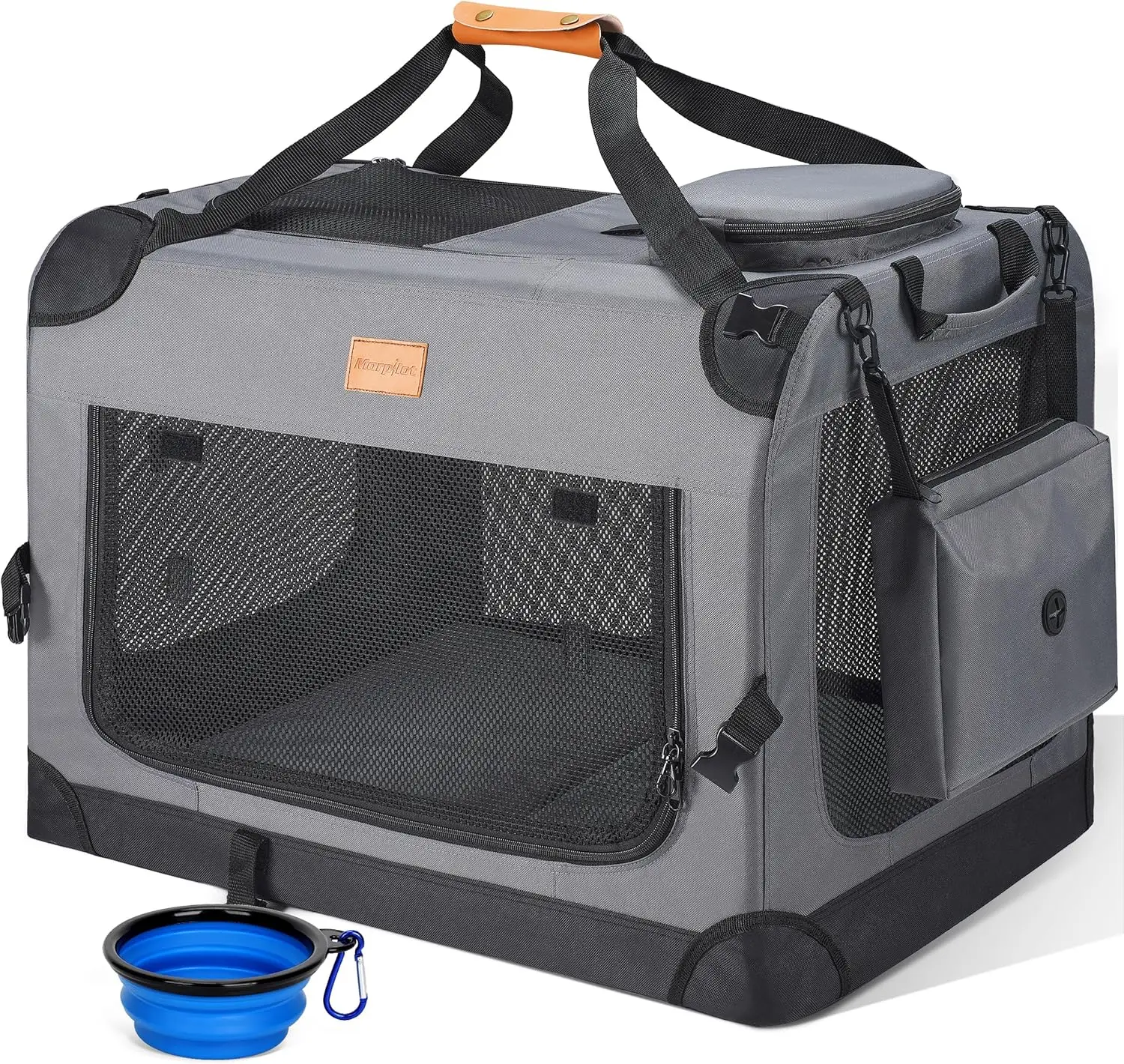 

24-Inch Portable Collapsible Dog Crate for Small Dogs up to 27lbs, Soft-Sided with Foldable Bowl & Shoulder Strap, Grey