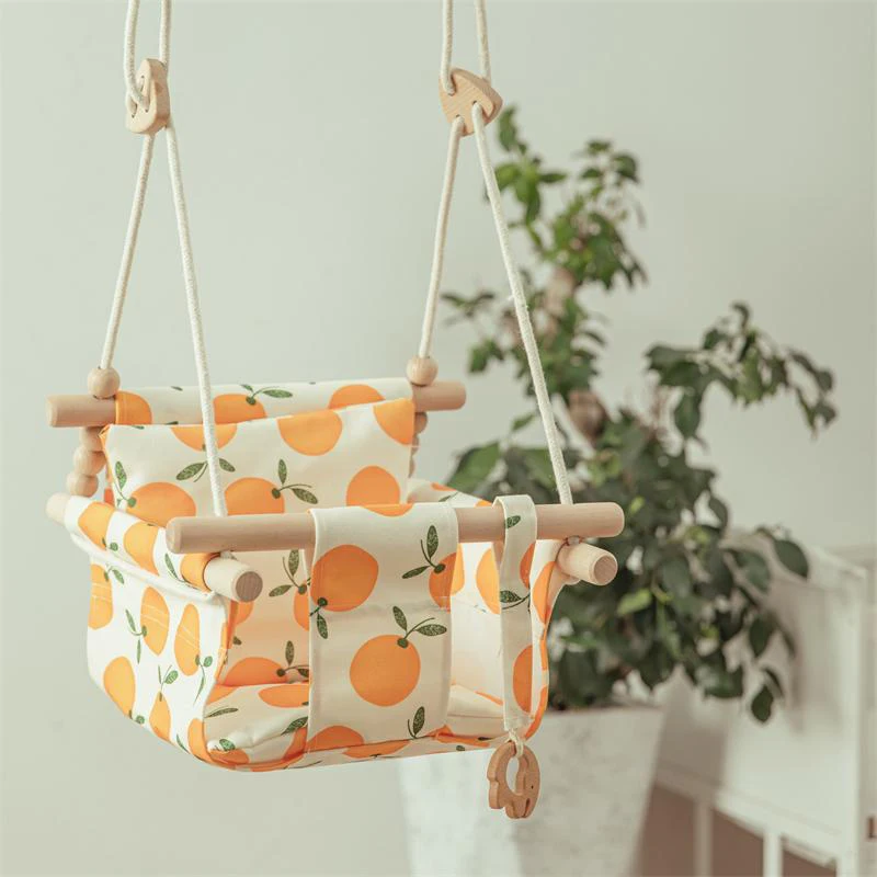 Natural Wood Baby Swing Indoor Outdoor Garden Canvas Hanging Child Hammock Small Basket Safe Recreation Kids Toy Rocker Chair