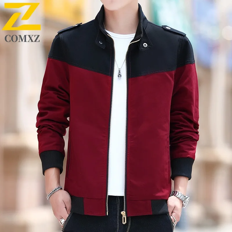 

COMXZ 2025, осенняя новая куртка с капюшоном, мужская повседневная спортивная горячая распродажа, трендовая молодежная легкая ветровка среднего возраста с цветными блоками