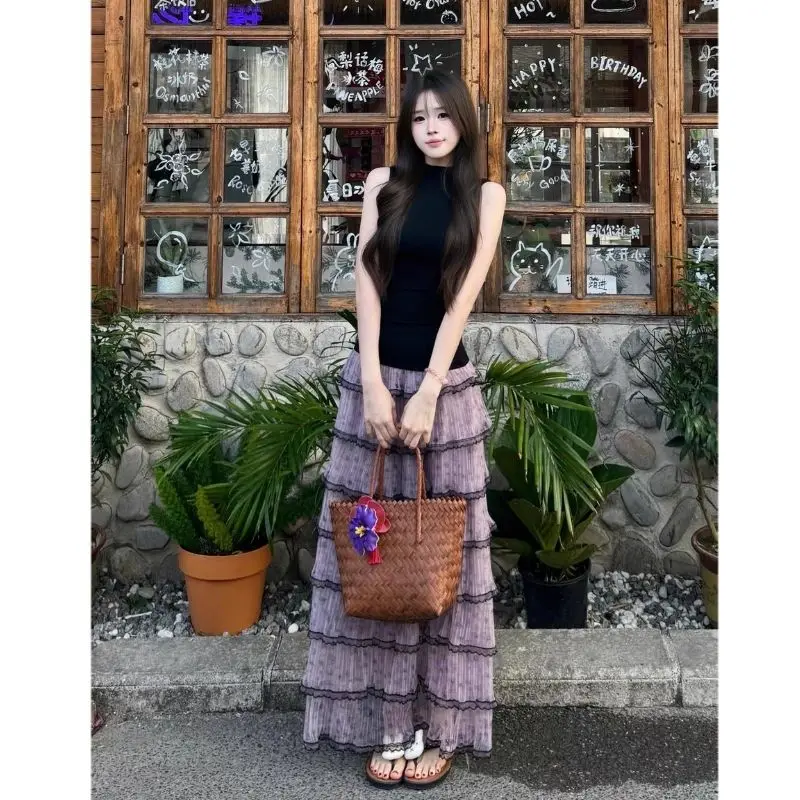 women Purple Floral Gauze Skirt Cake Skirt Word Skirt Complete Set for Women Spring and Summer Two-piece Set of Small Black Tops