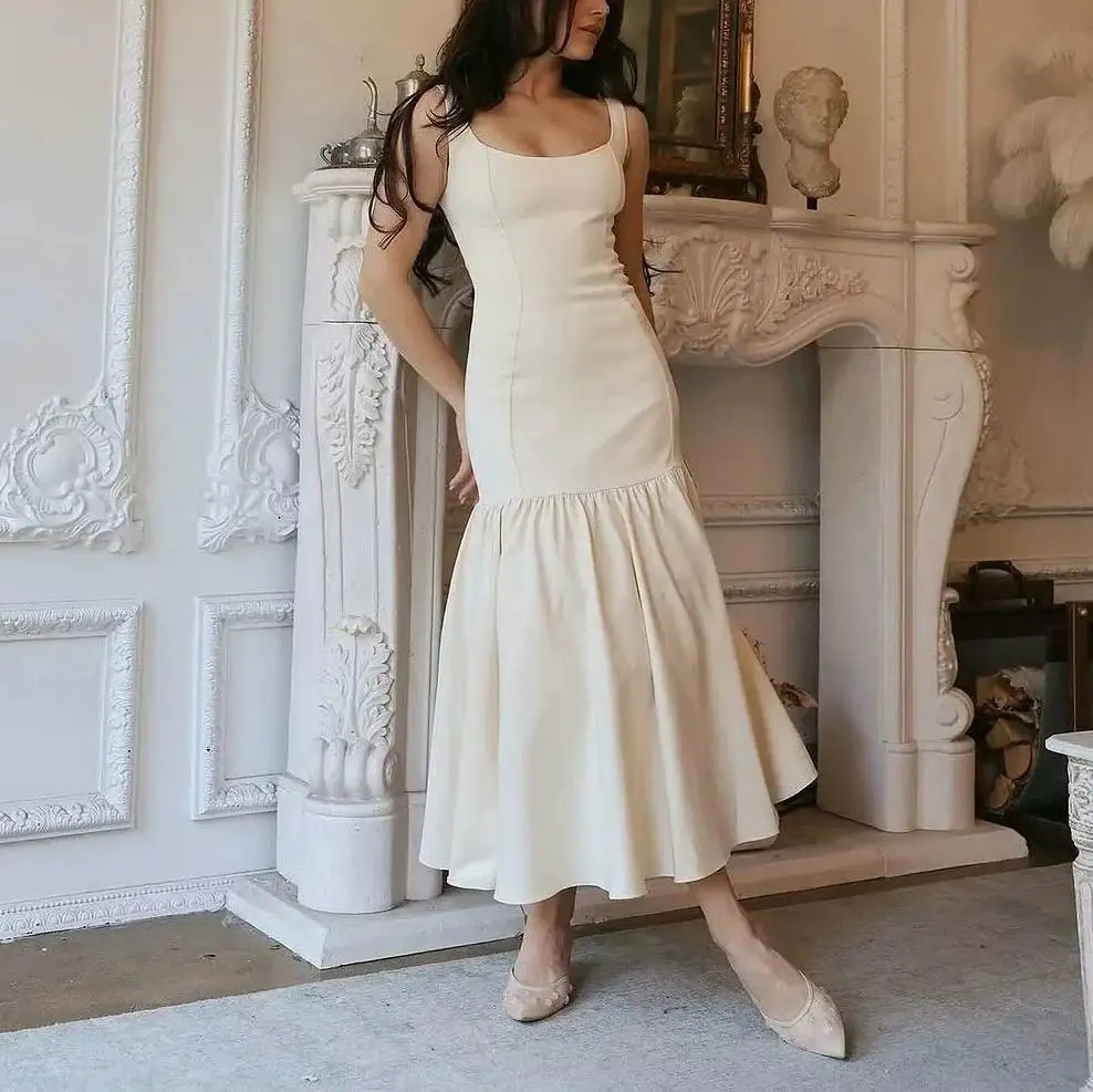 Abito lungo a pieghe solido Abito lungo da donna elegante con scollo quadrato senza maniche con spalle scoperte Abiti maxi slim Abiti da sera da donna