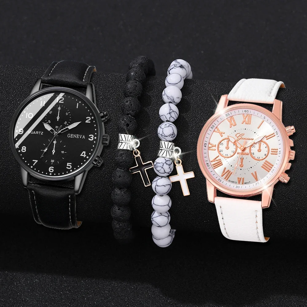 Quartz Watches Set for Couples, 4 Pieces, Black and White, Fashionable Temperament, Leather Bracelet, Gift, Accessories