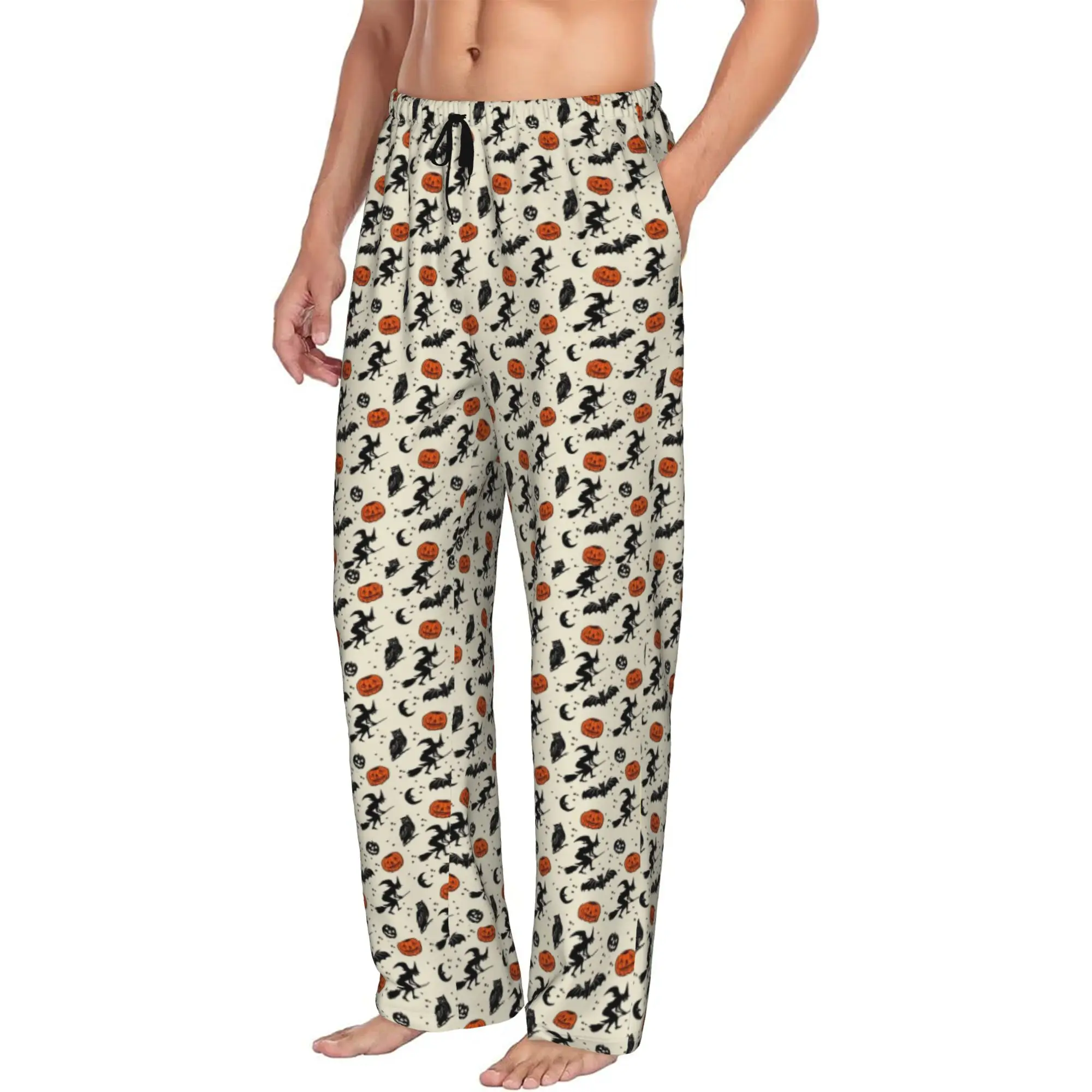 Custom Halloween Pumpkin Ghost Witch Pajama Pants Sleepwear Men's Elastic Waistband  Sleep Lounge Bottoms with Pockets