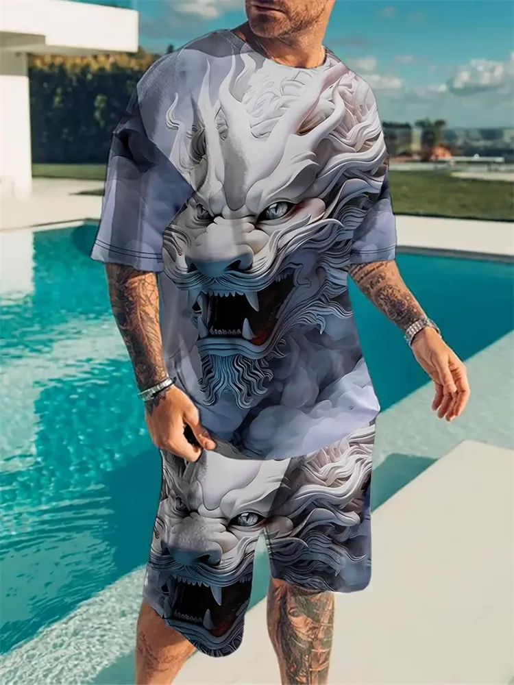 New Men\'s Sports Suit 3D Three-Dimensional Lion Print Short-Sleeved Outdoor Travel Leisure Two-Piece Suit Plus Size Clothing