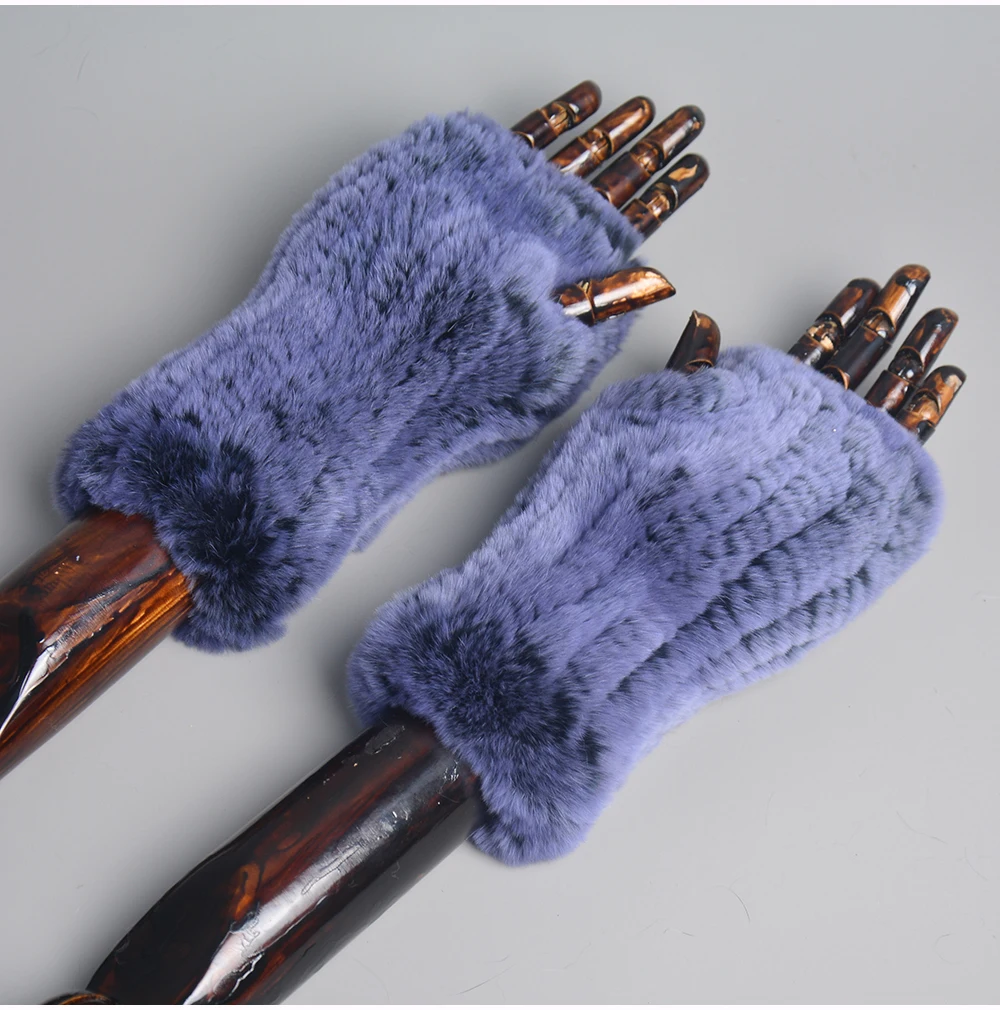 New Women 100% Real Genuine Knitted Rex Rabbit Fur Mittens Winter Warm Lady Real Fur Fingerless Gloves Handmade Knit Fur Mitten