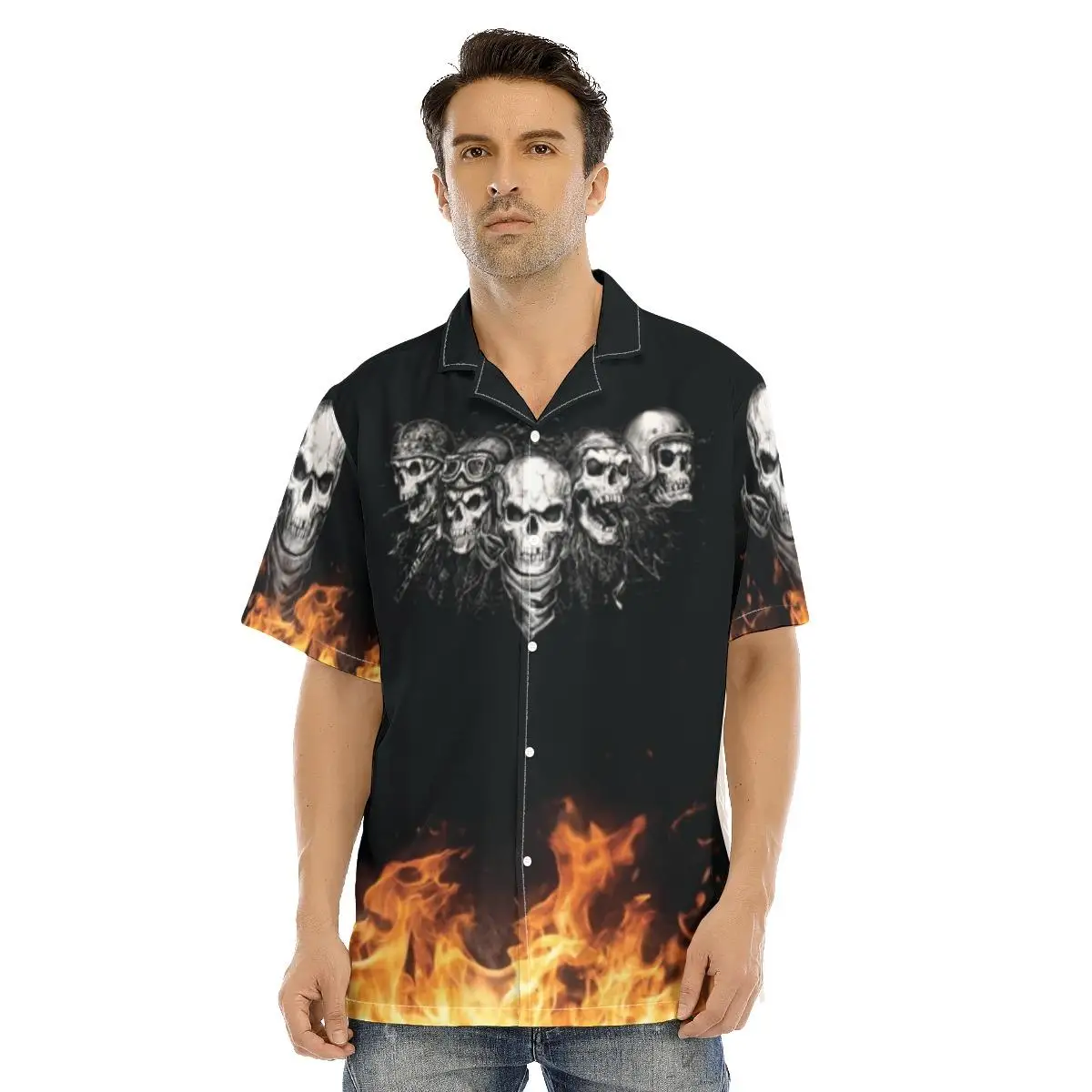 New Hawaiian Shirts Fire And Skeleton Summer Black Tops Short Sleeve Plus Size Beach Shirts for Men And Women