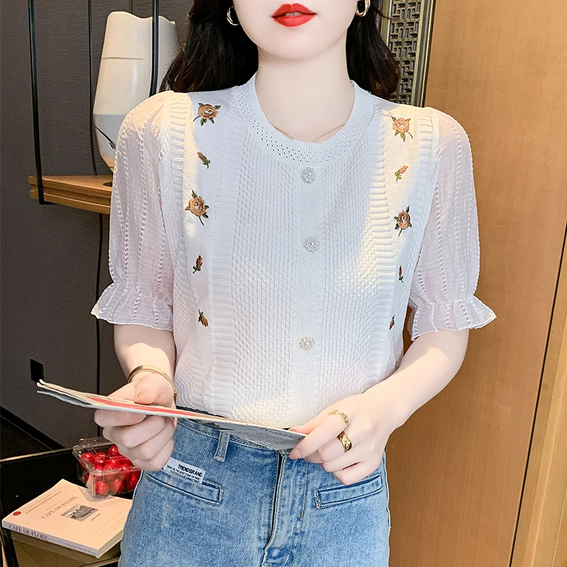 

2024 Summer New Korean Version Embroidered Flower Ice Silk Thin Knitwear Women's Spliced Chiffon Sleeve Foreign Style Shirt