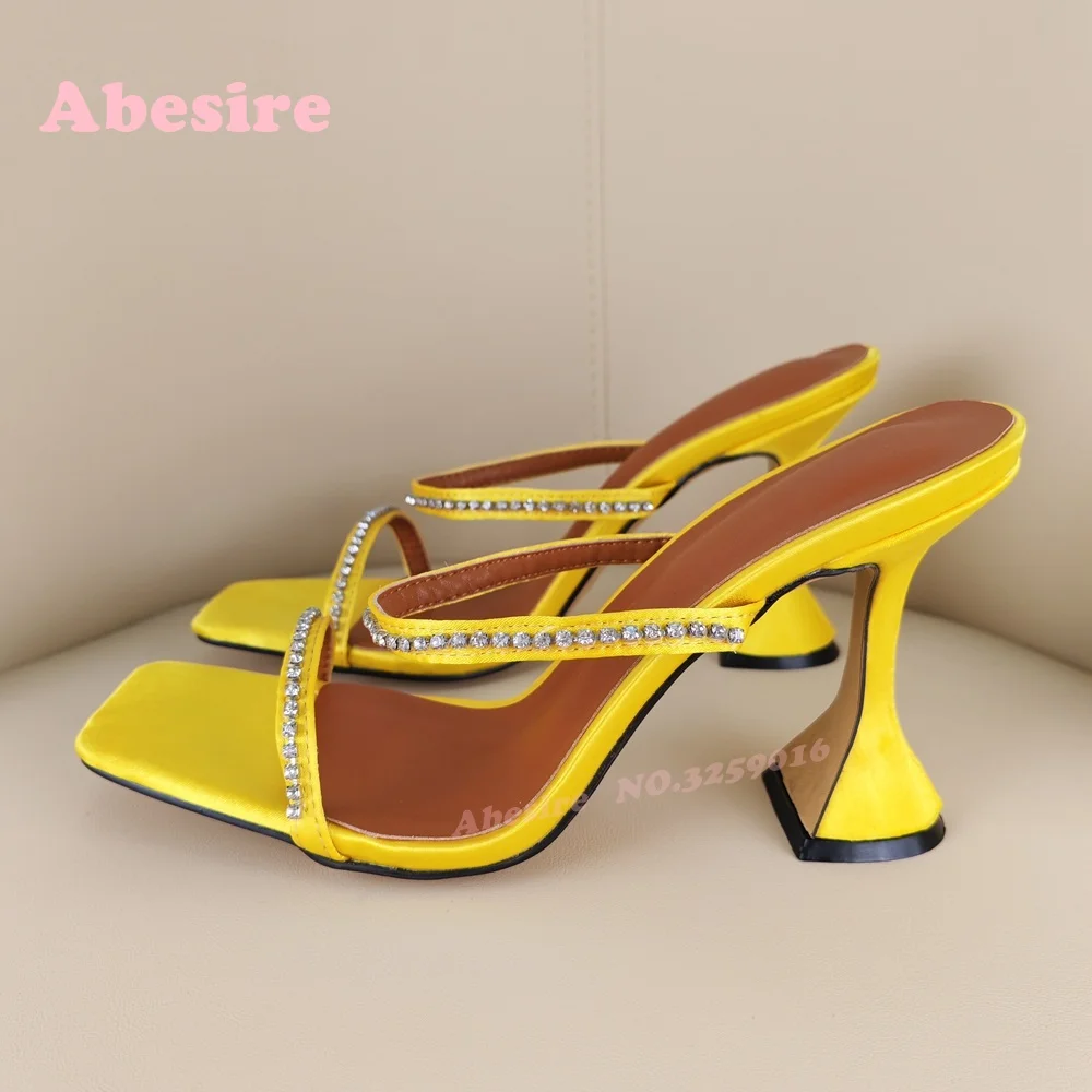 Yellow Rhinestone Satin Slippers Wine Grass One Strap High Heels Summer Shoes for Women Outside Luxury Slippers 2025 Crystal