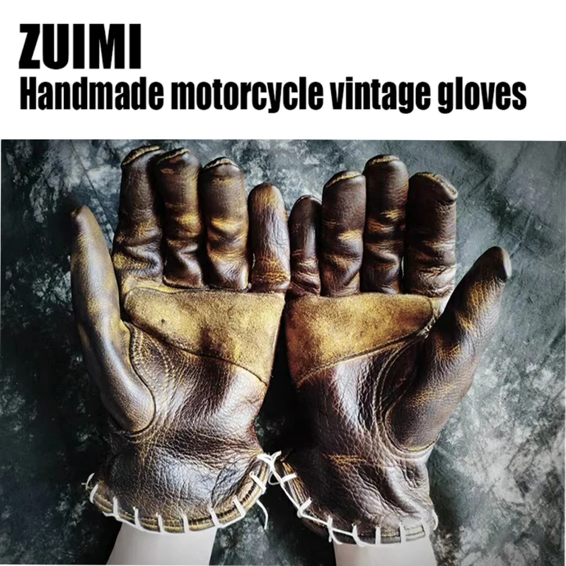 

Handmade Retro Cowhide Genuine Real Leather Motorcycle Gloves Full Finger Race Riding Motocross Men Motorcycle Accessories