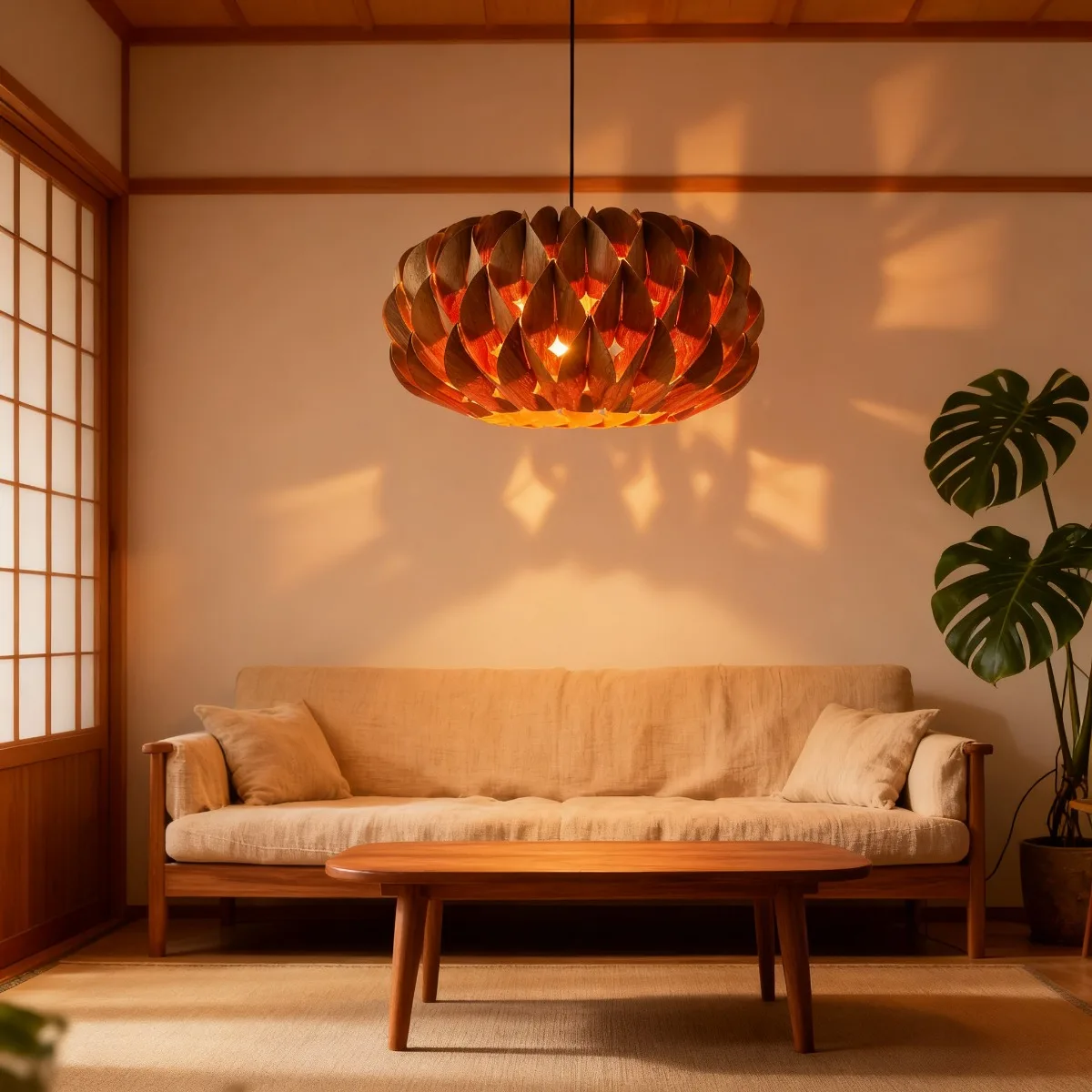 

JOYINLED 40cm Japanese Style Wood Chandelier, E27/E26 Solid Wood Veneer Pendant Light for Restaurant Hotel Bedroom lighting lamp