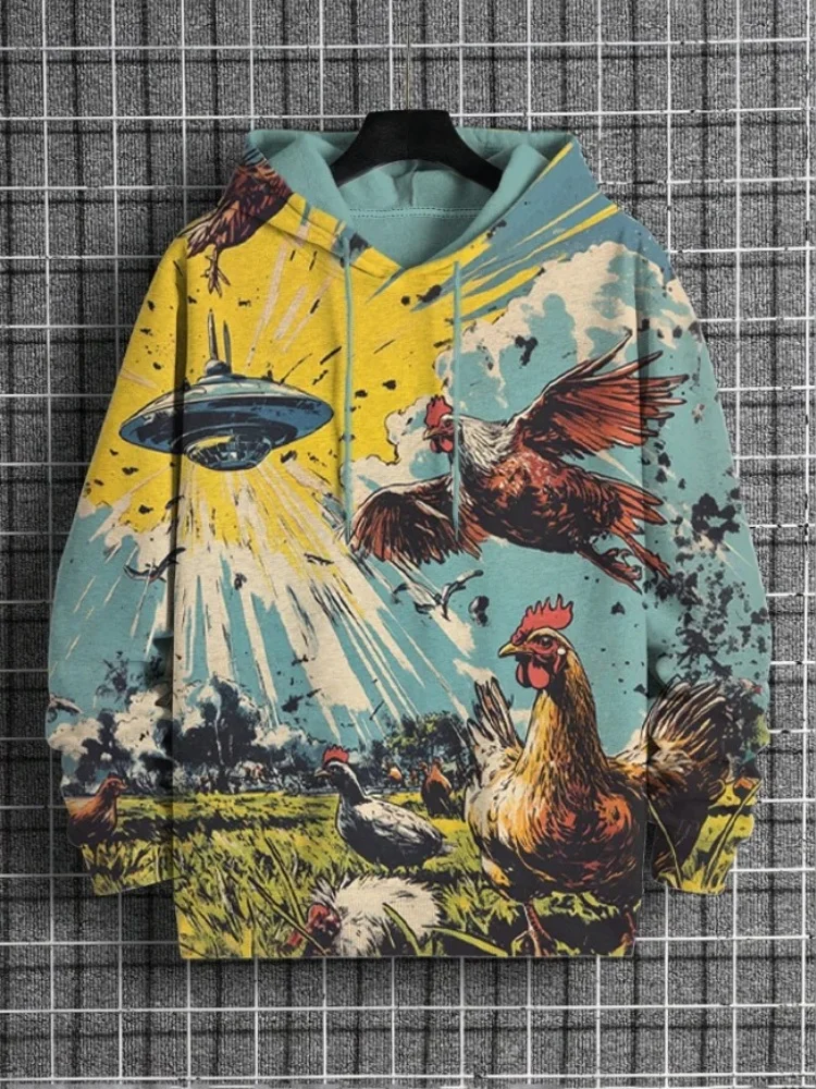 Men's Chicken UFO Explosion Sci-Fi Art Print Casual Hoodie 2026 Fashion Autumn Long Sleeve Harajuku Japanese Tunics Man Clothes