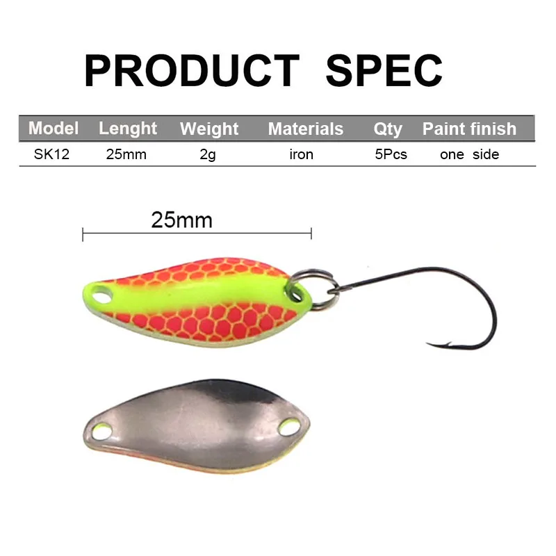 5PCS/Lot Trout Spoon Bait 2g 25mm Metal Fishing Lure With Single Hook Hard Bait Lures Trout Perch Chub Salmon