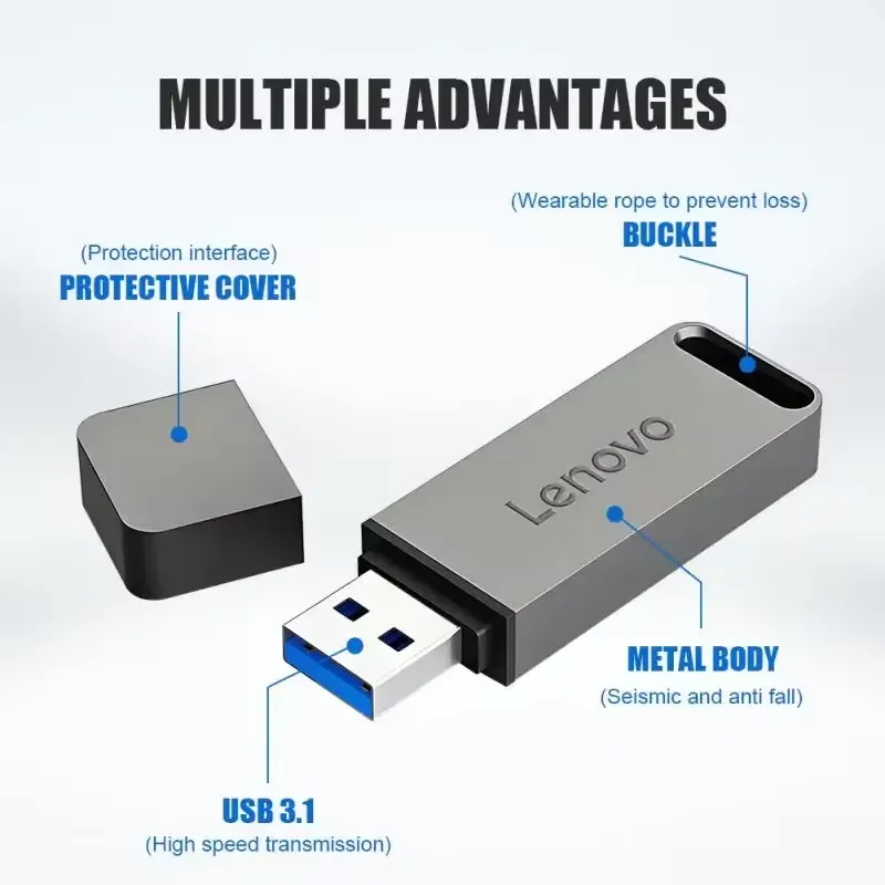 Lenovo-Clé USB 3.1 haute vitesse, clé USB en métal étanche, mémoire USB de type C pour les reviede stockage d'ordinateur, 2 To, 1 To, Original