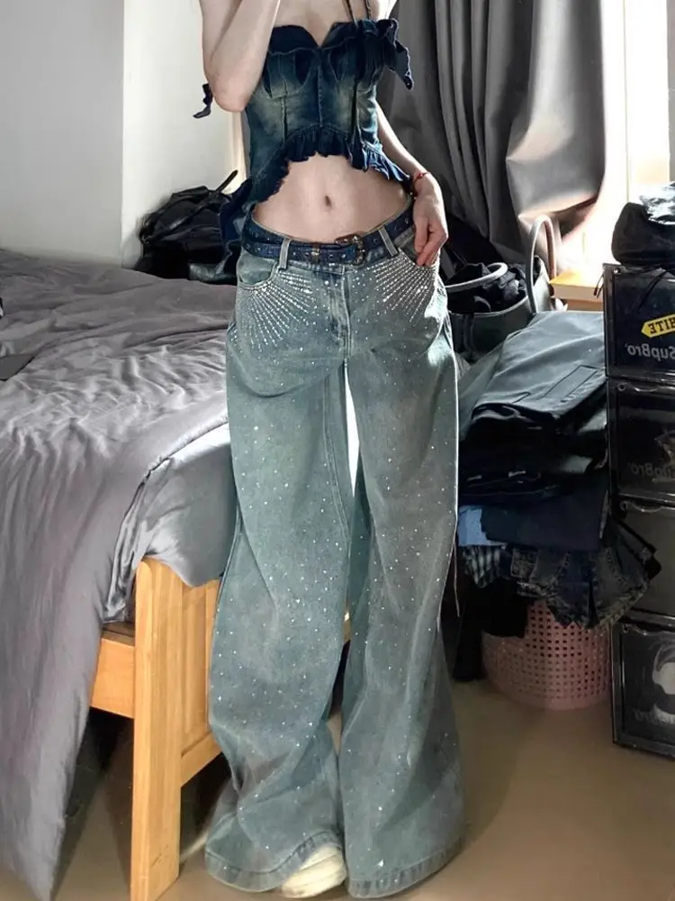 

Женские винтажные мешковатые джинсы со стразами для мам, осень 202, Y2K, широкие джинсовые брюки в стиле Харадзюку, брюки 2000-х годов в стиле кибер-панк, гранж