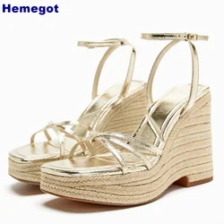 Open-Toe Wedge Heel Roman Sandals Platform Straw Cross Buckle Straps Summer New Outdoor Casual Sandals Gold Fashion for Women