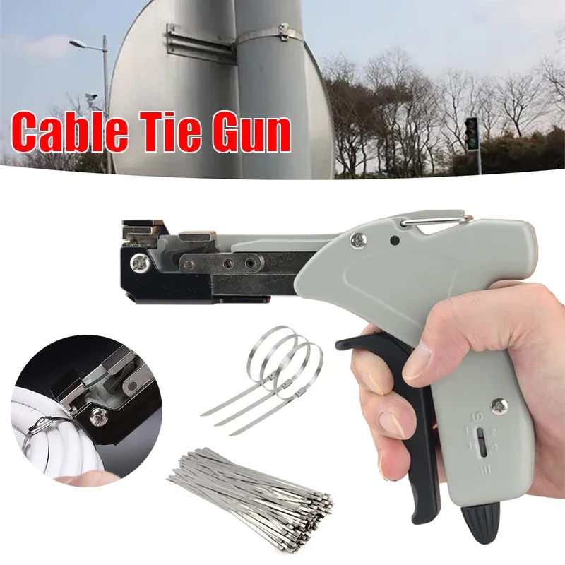 Stainless Steel Cable Tie Gun 0.3-7.9mm Self-Locking Zip Tension Cutting Tie Plier Gray Metal Hand Fastening Tool