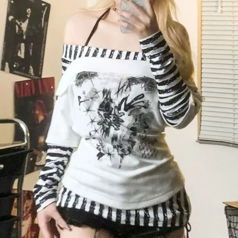 2000s Punk Style American Vintage Sexy Loose Long Sleeve Autumn T Shirts Y2k Casual Harajuku Subculture Skulls Print Tees Chic