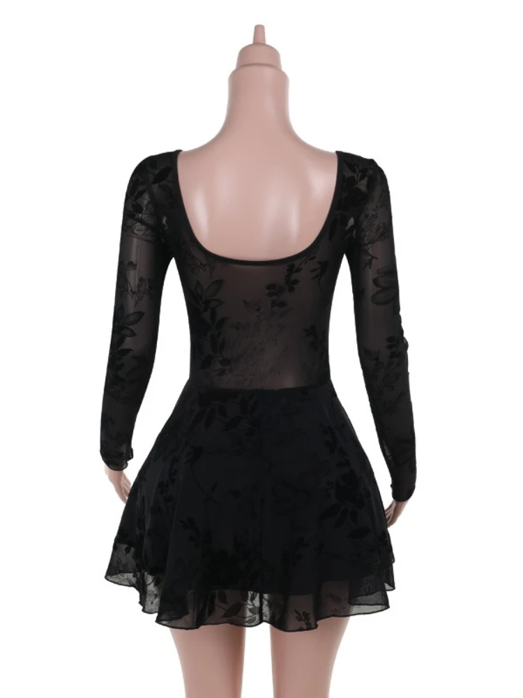 SsTss Mini abito sexy in rete trasparente Moda donna Collo quadrato Manica lunga Cut-out Stampa floreale A Line Abito da festa di mezzanotte