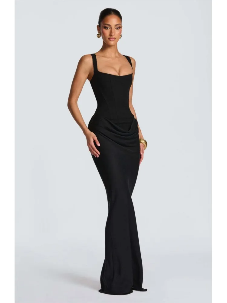 

Women's Solid Color Strappy Maxi Dress 2026 Square Neck Sleeveless Off Shoulder Waist Cinch Slim Dress Fashionable Evening Dress