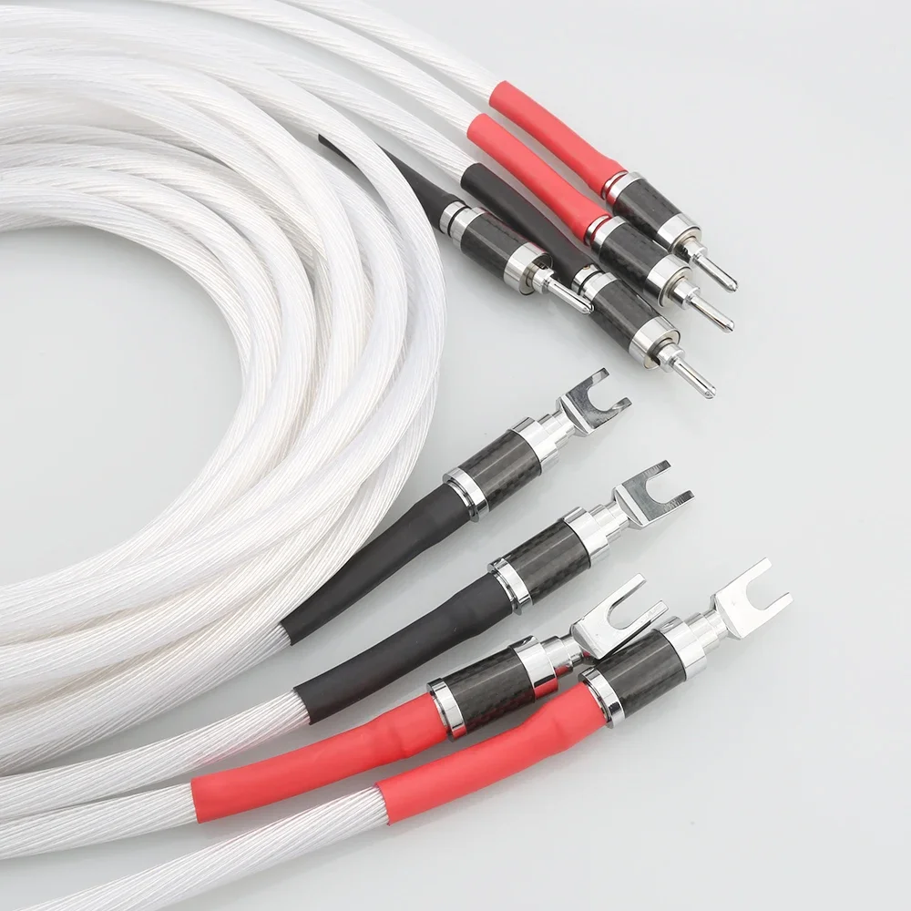 4pcs Hi-end HIFI Silver Plated OFC Speaker Cable With carbon fiber Banana Plug to Y Shape Plugs Speaker Cable Cord Wire