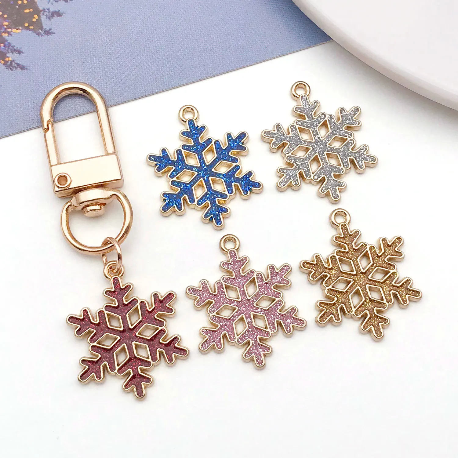 10/20pcs 24x19mm Dripping Oil Sprinkling Gold Christmas Charms Snowflake Series Pendant DIY Earrings Necklace Keychain Jewelry