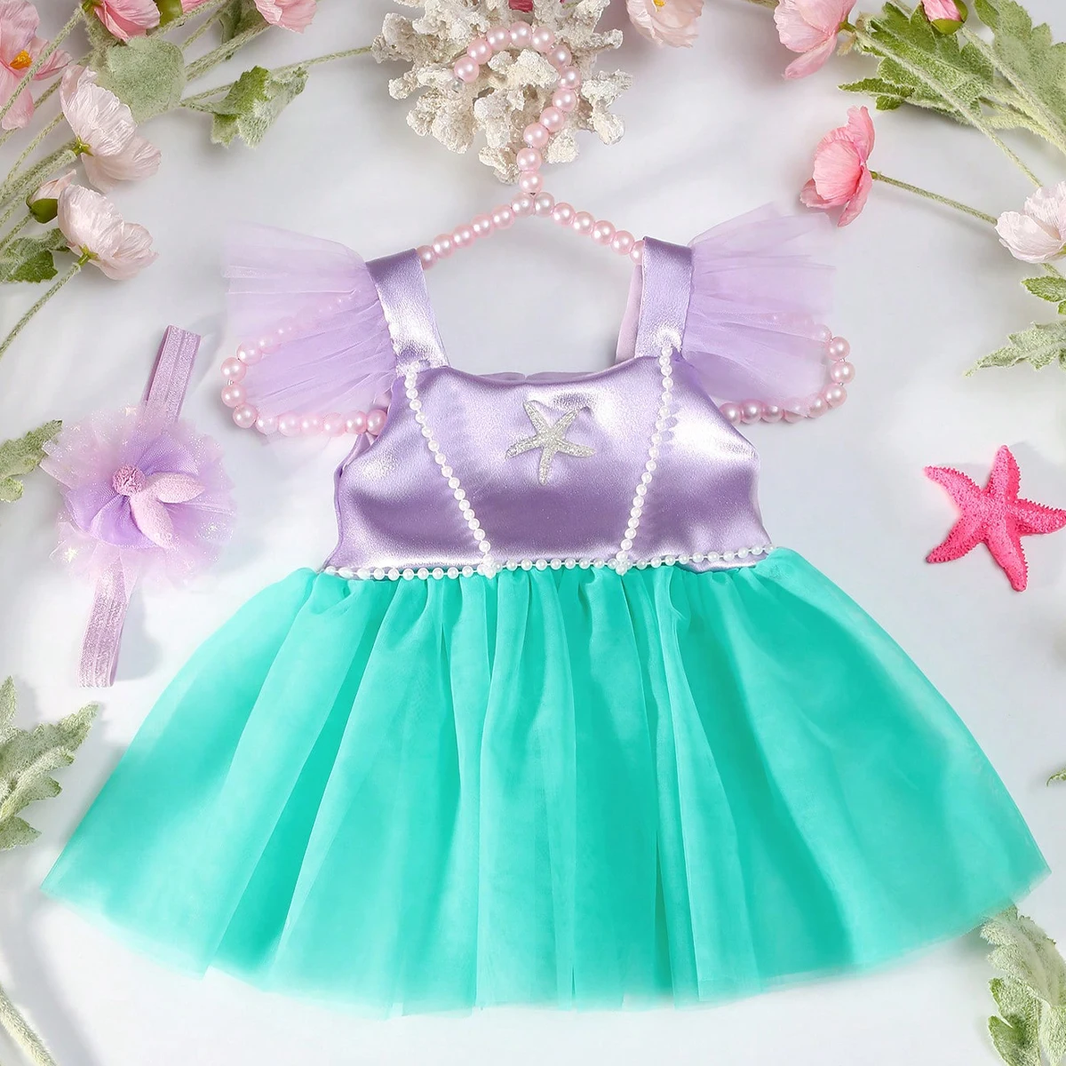 Ylsteed Newborn Photography Props Starfish Pearl Style Baby Girl Purple Dress with Headband Infant Photo Shooting Outfits