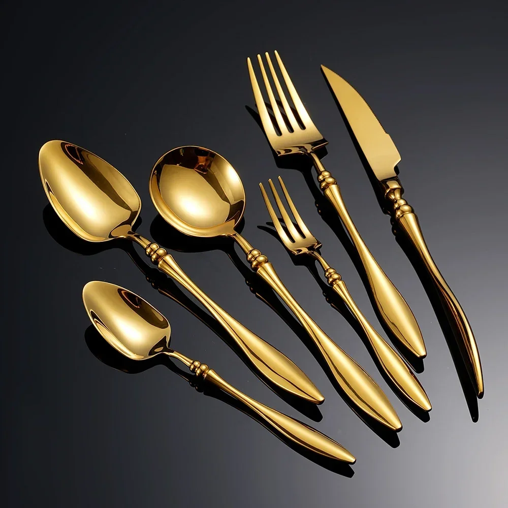 5PCS Luxury 304 Stainless Steel Cutlery Flatware Set Steak Knife Fruit Forks Spoon Tableware Dinnerware Dishwasher Safe Gift