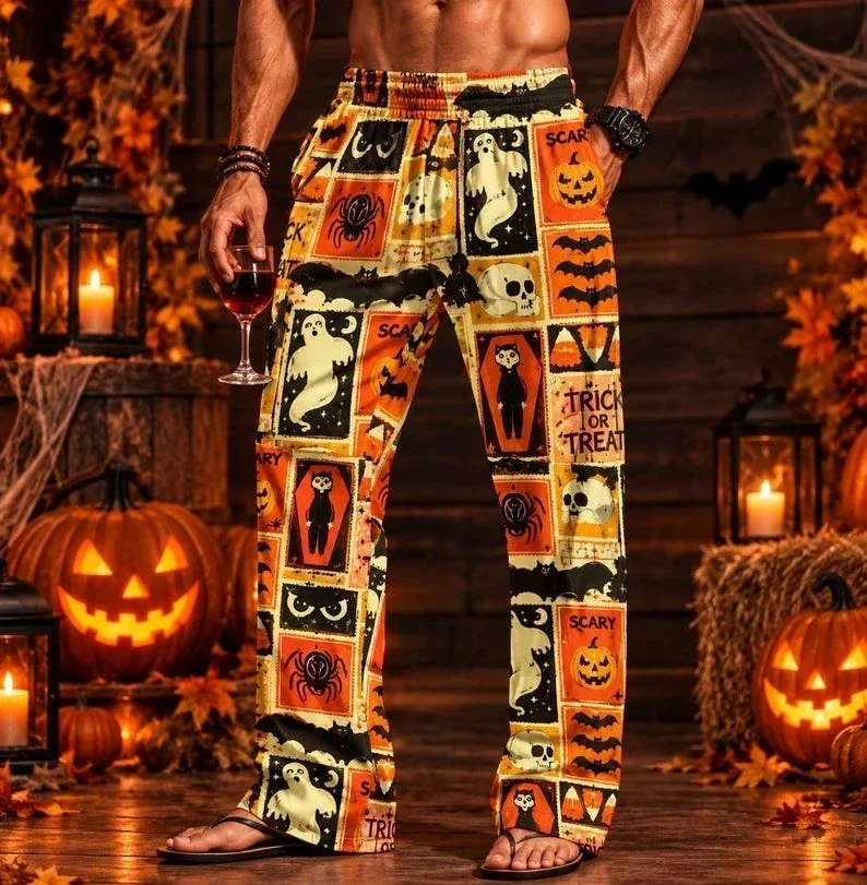 2026 Men's Halloween Sleepy Pants Pumpkin Bat Maple Leaf Printed Wide Pants Casual Autumn Family Gathering Casual Sleepy Pants