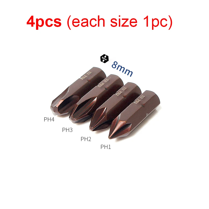 4pcs/set 30mm Short 5/16 inich 8mm Hex Shank Heavy Impact Phillips Screwdriver Cross Bit Tool S2 Alloy Steel PH1 PH2 PH3 PH4