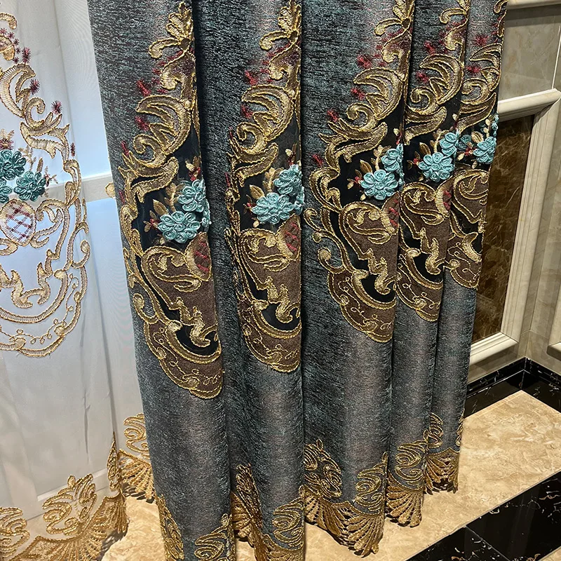 Custom American noble villa water-soluble embroidery chenille blue gray cloth blackout curtain tulle valance drape C1639