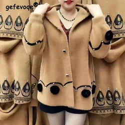 Middle Aged Elderly Women Vintage Fashion 3D Flower Rhinestone Velvet Mink Coats Autumn Winter Mother Casual Loose Hooded Jacket