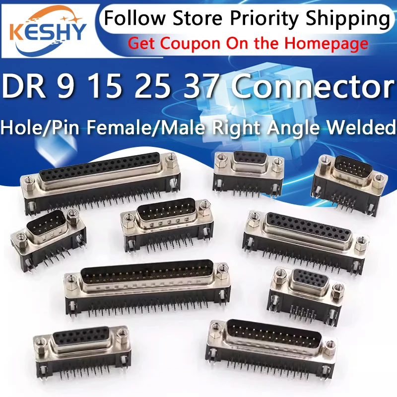 5Pcs DR9 DR15 DR25 DR37 Hole/Pin Female/Male right angle Welded d-sub Connector RS232 serial port adapter DB9 9/15/25/37 pin